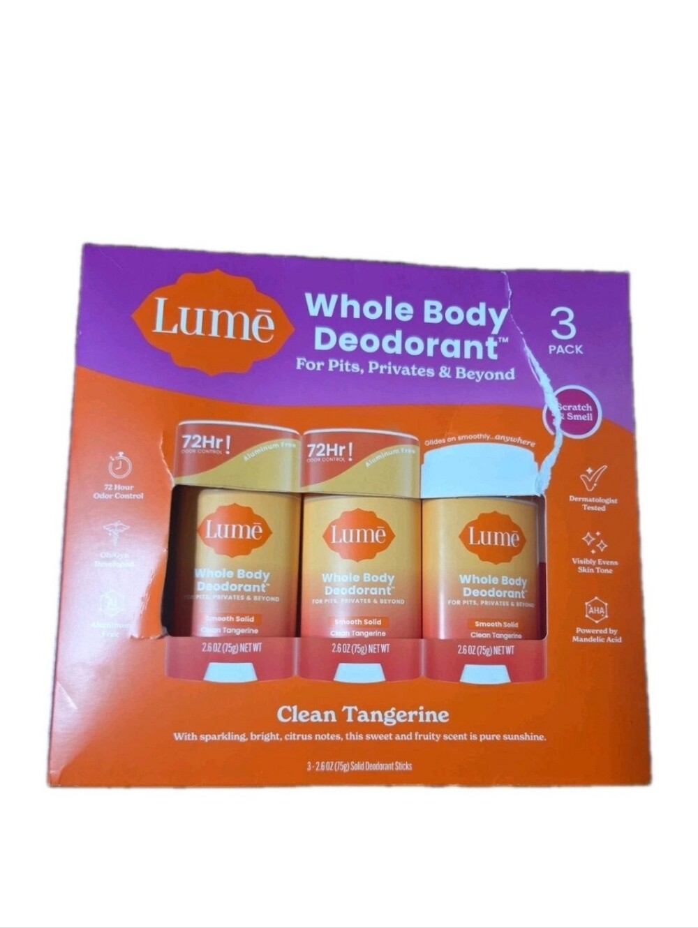 Lume Whole Body Deodorant Stick 3 Pack Clean Tangerine Aluminum Free New 2.6oz